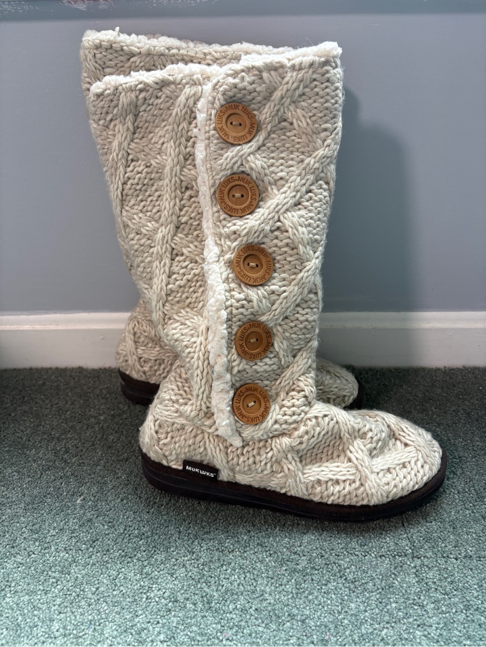Muk Luks Cream Cable-Knit Button-Front Women's Boot Slippers